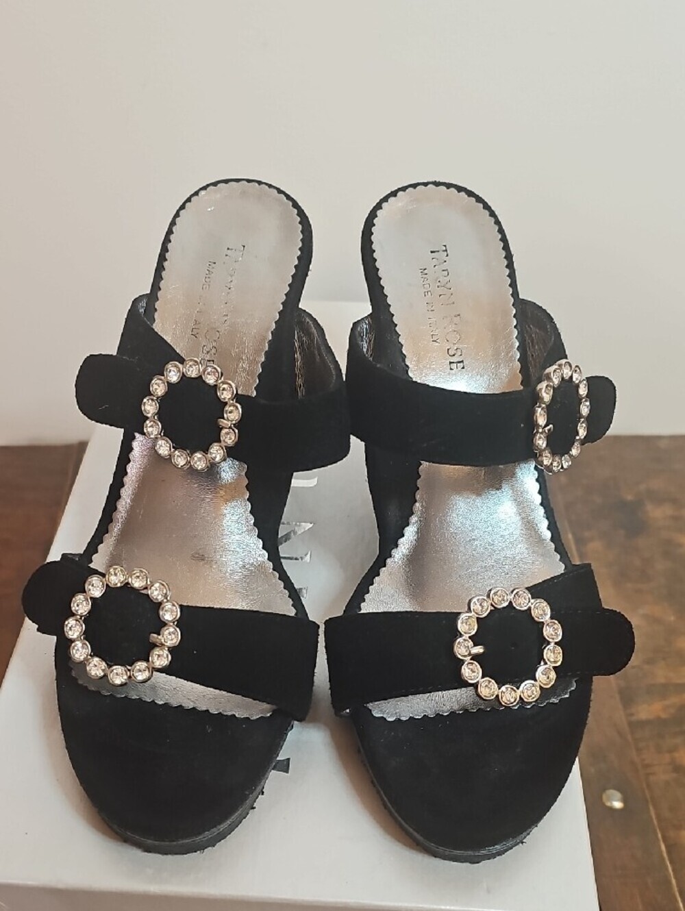 Taryn Rose Black Suede Slide Sandals with Crystal Buckles